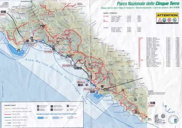 Hiking map of Cinque Terre. You can get this map and information in every city.